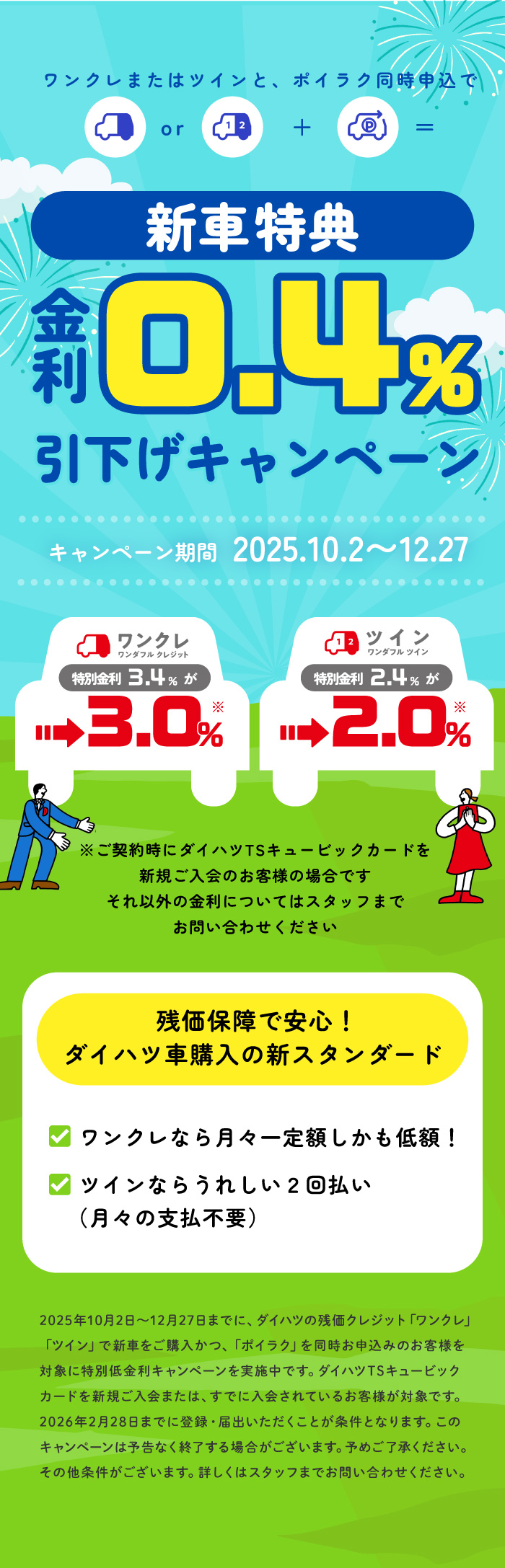 ワンクレまたはツインと、ポイラク同時申込で新車特典金利0.4%引下げ